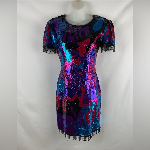 Sean Collection Sequin Beaded Mini Bodycon Fringe Pink Blue Purple Dress Size S - Picture 2 of 15